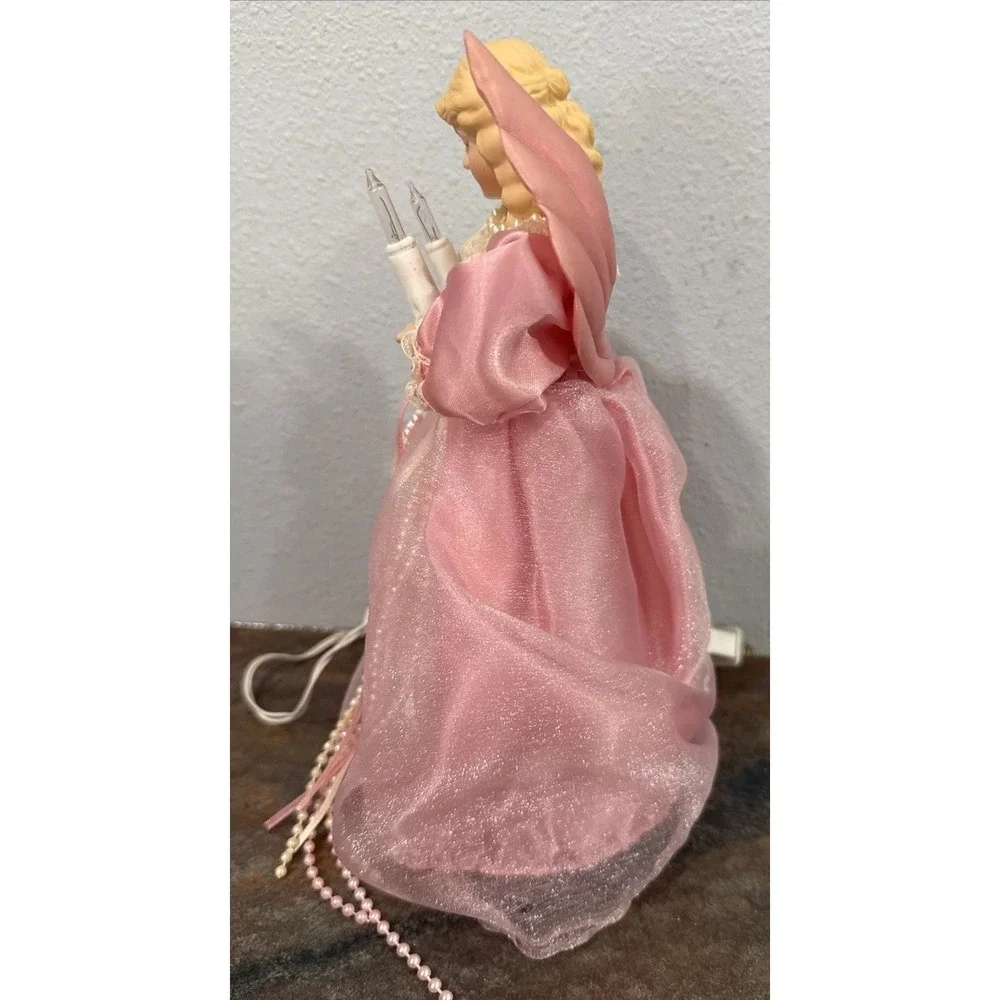 Vintage Pink Porcelain Face Angel Christmas Tree Topper 10-Light Lighted Y2K
